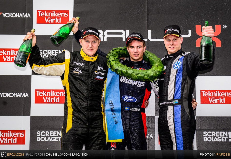 The SuperCars podium: (from left) runner-up Robin Larsson, winner Sebastian Eriksson and third Johan Kristoffersson. © JKR/ERC24