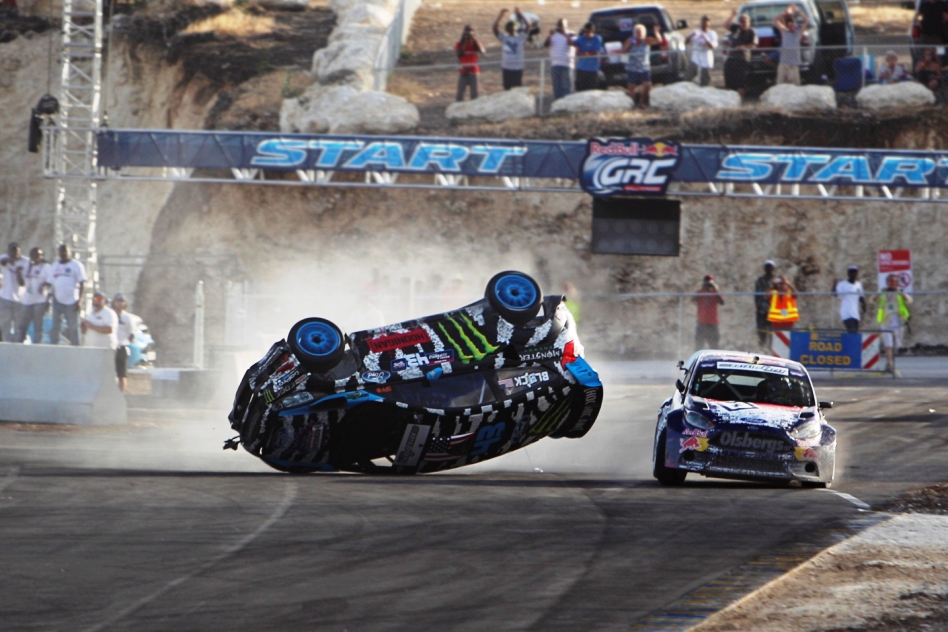 Ken Block flipped his Ford Fiesta Mk7 ST in the Final while trying to grab his lost lead back. © Red Bull Media House/ERC24