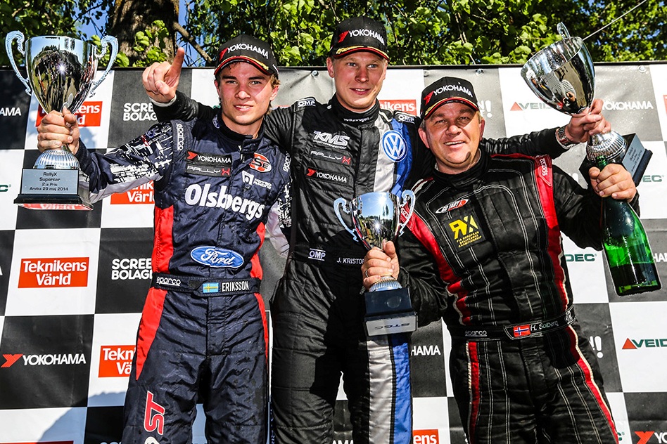 The SuperCars podium with (from left) Sebastian Eriksson, Johan Kristoffersson and Henning Solberg. © OMSE/ERC24