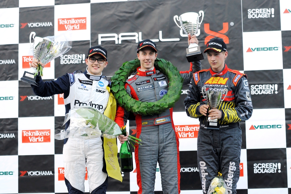 The podium of the RallyX Lites winners with (from left) Kevin Hansen (2nd), Patrik Flodin (1st) and Kevin Eriksson (3rd). © SBF/ERC24