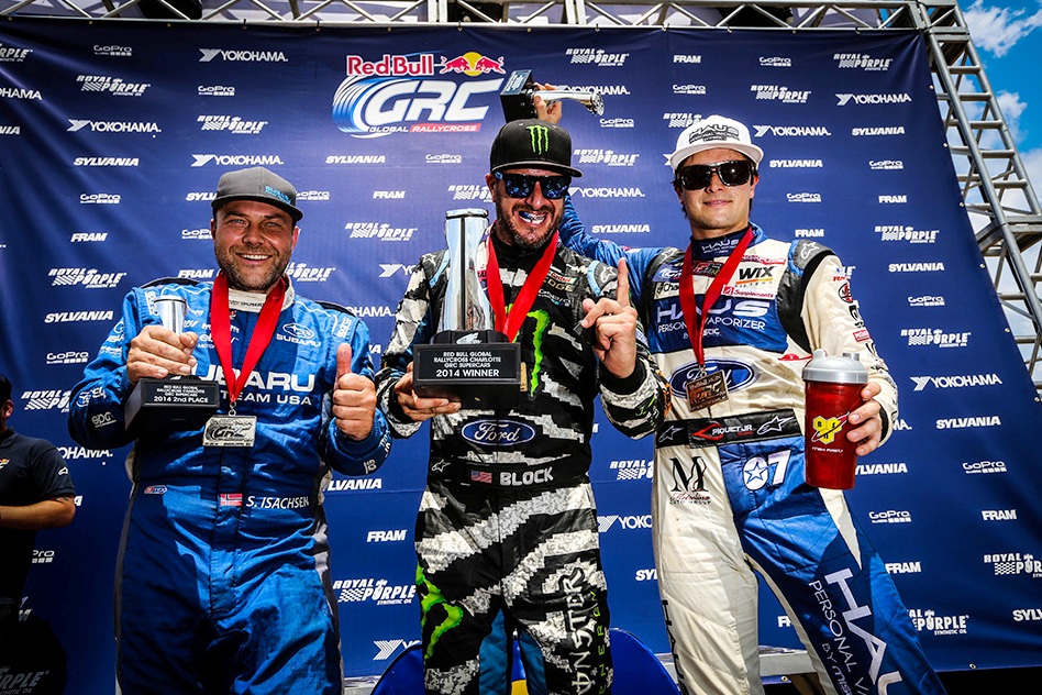 The Charlotte rostrum with (from left) runner-up Sverre Isachsen, winner Ken Block and third Nelson Piquet Jr. © Ford Racing/ERC24