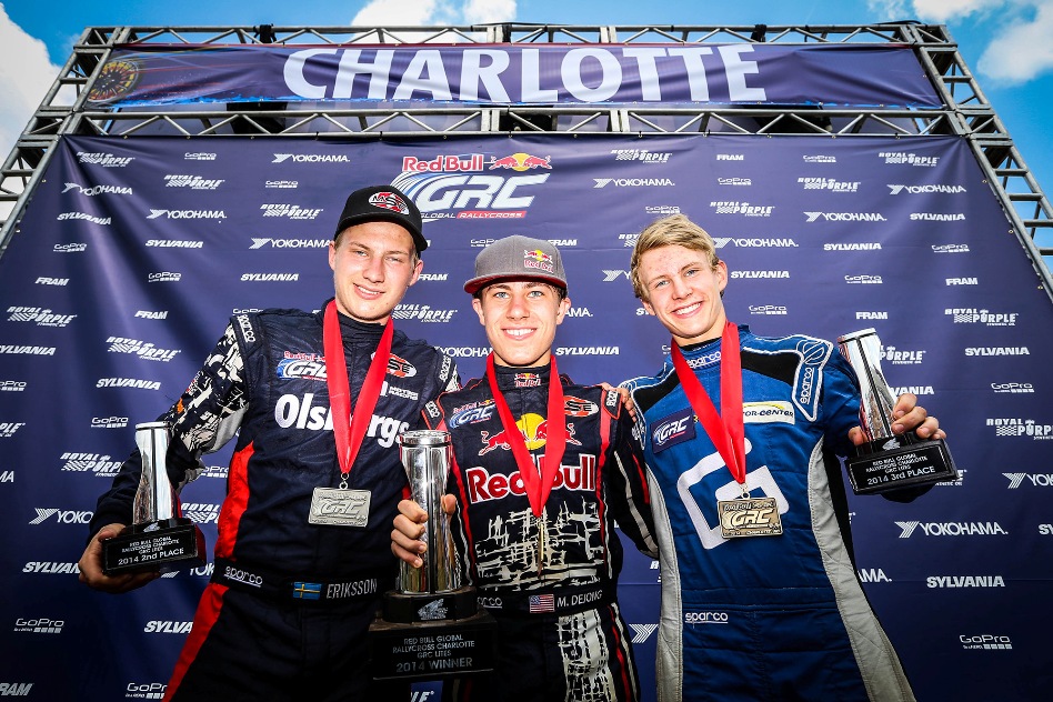 The GRC Lites podium at Charlotte and (from left) Kevin Eriksson (2nd), Mitchell DeJong (1st) and Oliver Eriksson celebrating their success. © OMSE/ERC24