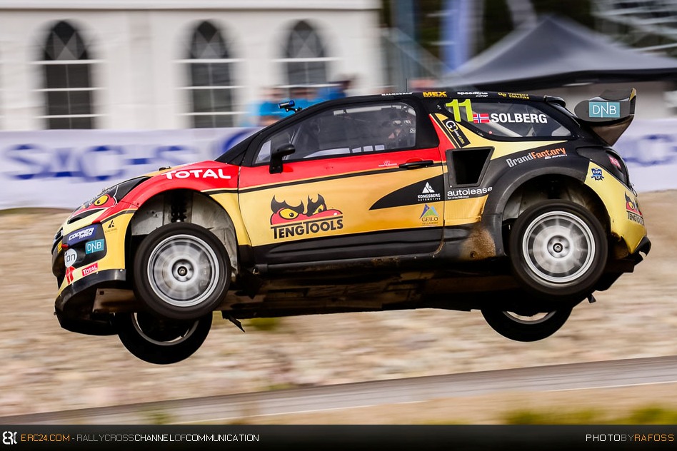 Petter Solberg flew his DS3 to the fastest time in Heat 1, but was hampered by a puncture in Heat 2. © JKR/ERC24