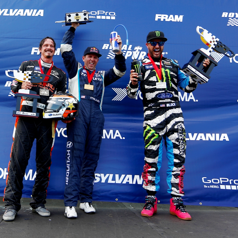 The Daytona winners podium with (from left) 'Bucky' Lasek, Rhys Millen and Ken Block. © Red Bull/ERC24