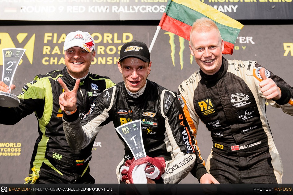 The winners podium of the Super1600 drivers: (from left) Ernestas Staponkus, Jānis Baumanis and Ulrik Linnemann. © JKR/ERC24