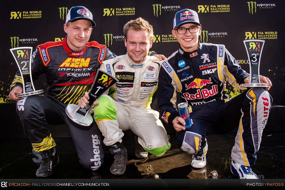 The rostrum of the RX Lites drivers with (from left) runner-up Kevin Eriksson, winner David Holten and third Kevin Hansen. © JKR/ERC24