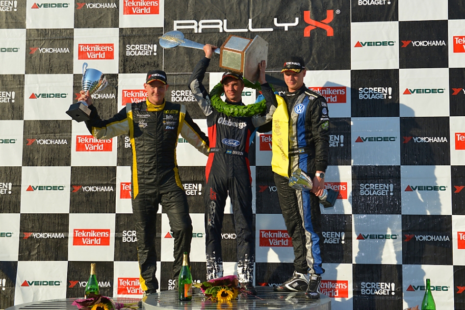 The 2014 RallyX SuperCar series podium with (from left) runner-up Robin Larsson, winner Sebastian Eriksson and third Johan Kristoffersson. © Toni Ollikainen/ERC24