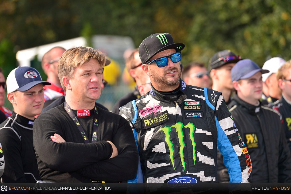 Buddies and Monster Energy colleagues Henning Solberg (left) and Ken Block pictured during the WorldRX round of Lohéac. © JKR/ERC24