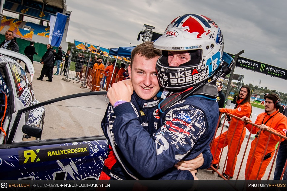 After his overall victory Bakkerud was hugged by his team-mate Reinis Nitišs who got stuck in his Semi-Final. © JKR/ERC24