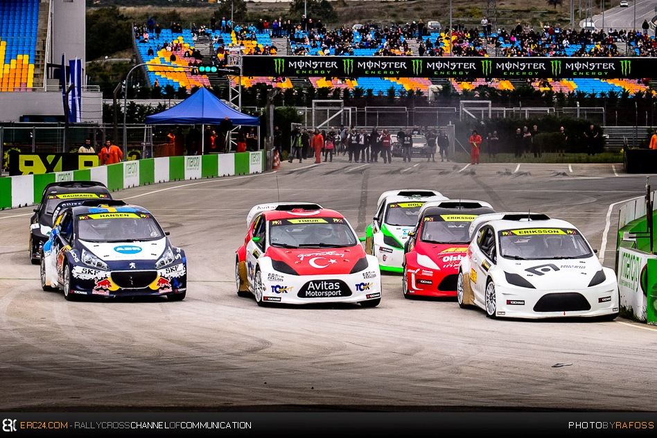 Swede Sebastian Eriksson is leading the RX Lites Final sixpack into the first lap. © JKR/ERC24