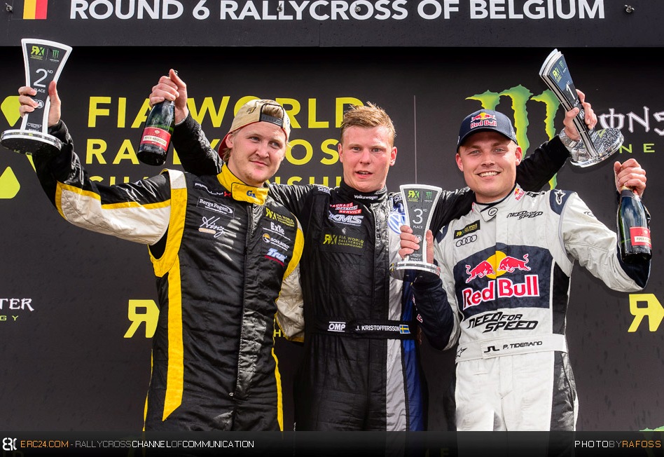 Johan Kristoffersson (centre) won the Belgian ERX round from Robin Larsson (left) and Pontus Tidemand (right). © JKR/ERC24
