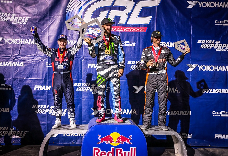 The Las Vegas GRC podium with (from left) runner-up Joni Wiman, winner Ken Block and third 'Bucky' Lasek. © Ford Racing/ERC24