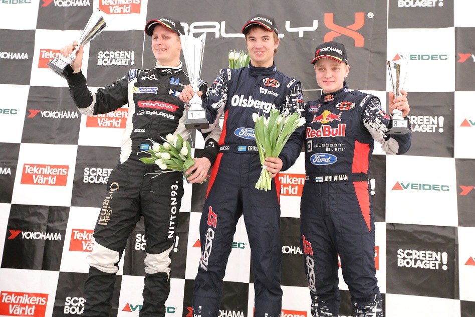 The podium of the RallyX Lites category with (from left) Richard Göransson, Sebastian Eriksson and Joni Wiman. © QNIGAN/ERC24