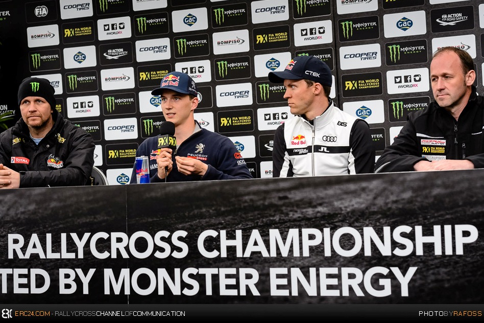 Timmy Hansen, here pictured speaking during the pre-event press conference, is currently third. © JKR/ERC24