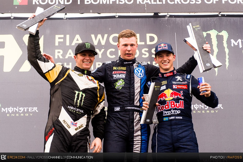 Round 1 of the 2015 WorldRX series fell prey to Petter Solberg (2nd), Johan Kristoffersson (1st) and Timmy Hansen (3rd). © JKR/ERC24