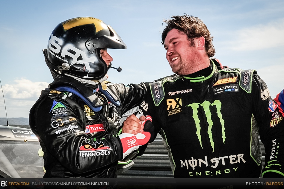 Rallycross life was not all cakes and ale for Solberg and Doran, here pictured after the 2013 ERX round of Portugal. © JKR/ERC24