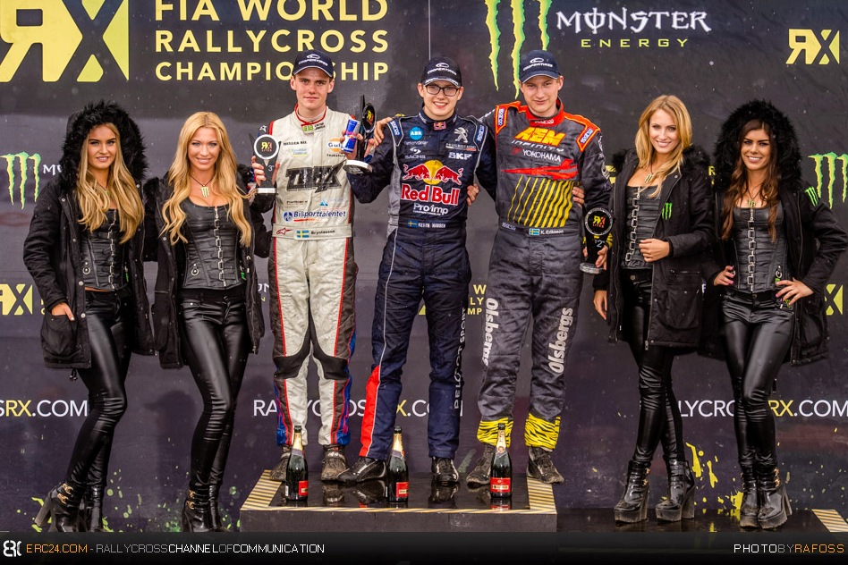 The RX Lites podium with (from left) Thomas Bryntesson, Kevin Hansen and Kevin Eriksson. © JKR/ERC24