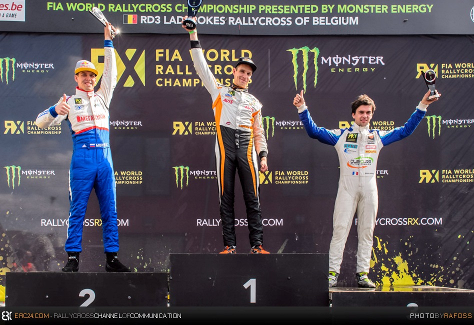 The podium of the Super1600 category with (from left) Nikita Misyulya, Jānis Baumanis and Andréa Dubourg. © JKR/ERC24