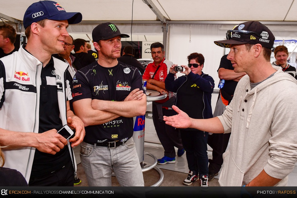 WRX front runners Mattias Ekström and Petter Solberg while chatting with Global RallyCross star Tanner Foust. © JKR/ERC24