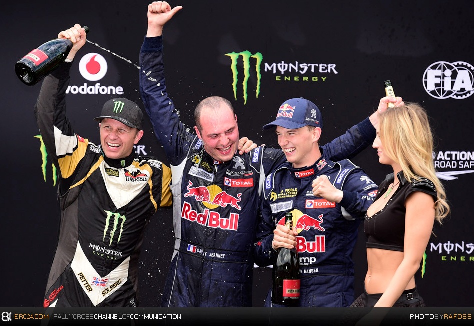 The WorldRX of Germany SuperCar podium with (from left) runner-up Petter Solberg, winner Davy Jeanney and third Timmy Hansen. © JKR/ERC24