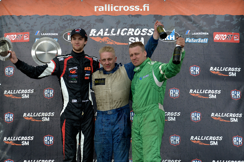 The Hyvinkää SuperCar podium with (from left) runner-up Niclas Grönholm, winner Aki Karttunen and third Janne Kanerva. © Toni Ollikainen/ERC24