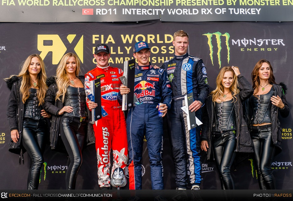 The Istanbul SuperCar podium with runner-up Andreas Bakkerud, winner Timmy Hansen and third Johan Kristoffersson. © JKR/ERC24