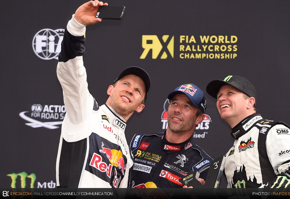Three greats. Ekstrom, Loeb and Solberg celebrating post-final. © JKR/ERC24